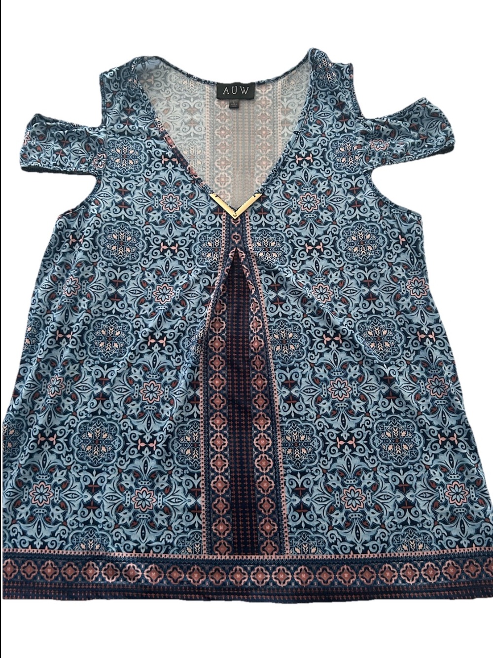 AUW Blue Printed Cold-Shoulder V-Neck Mosaic Geometric Print Boho Top Large